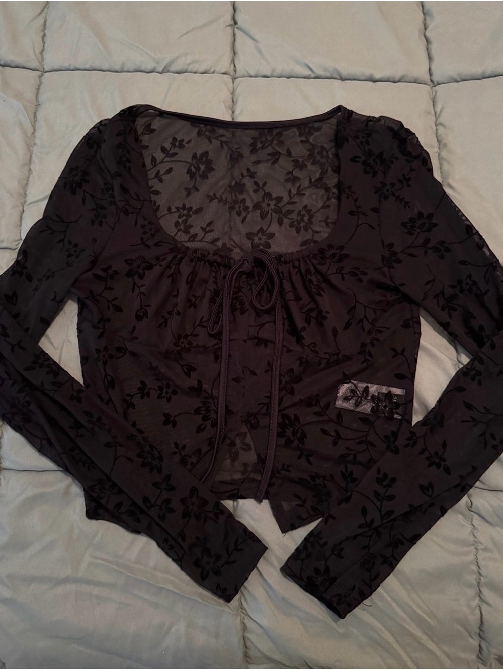 SHEIN Black Velvet Floral Tie-Front Long Sleeve Top
